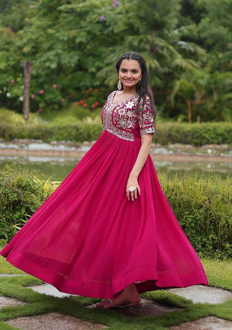Pink Zari Embroidered Georgette Gown - Indya