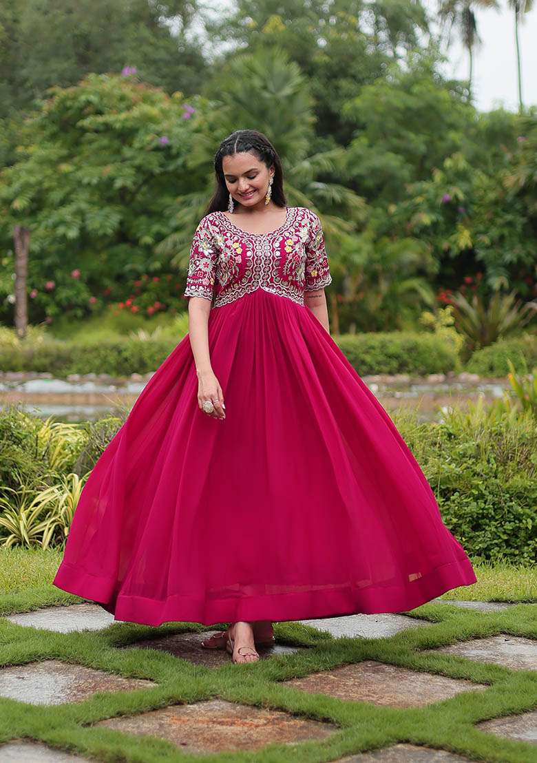 Pink Zari Embroidered Georgette Gown - Indya