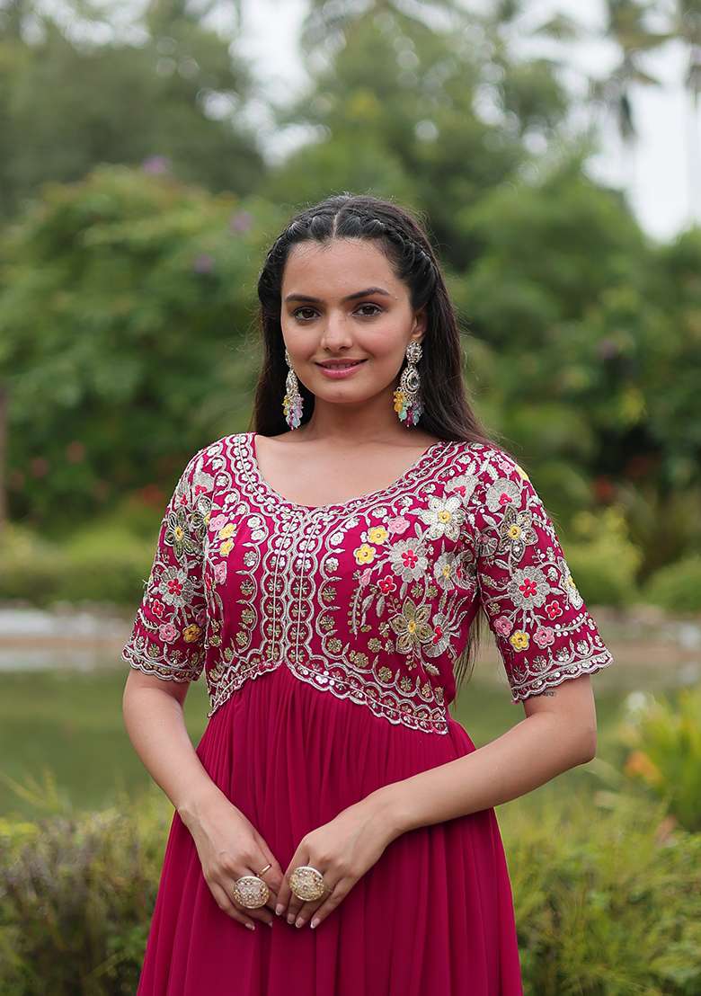 Pink Zari Embroidered Georgette Gown - Indya