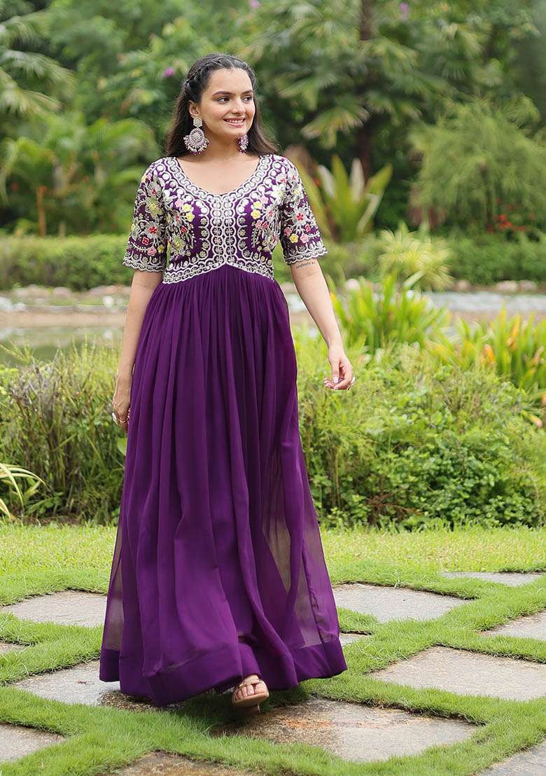 Purple Zari Embroidered Georgette Gown - Indya