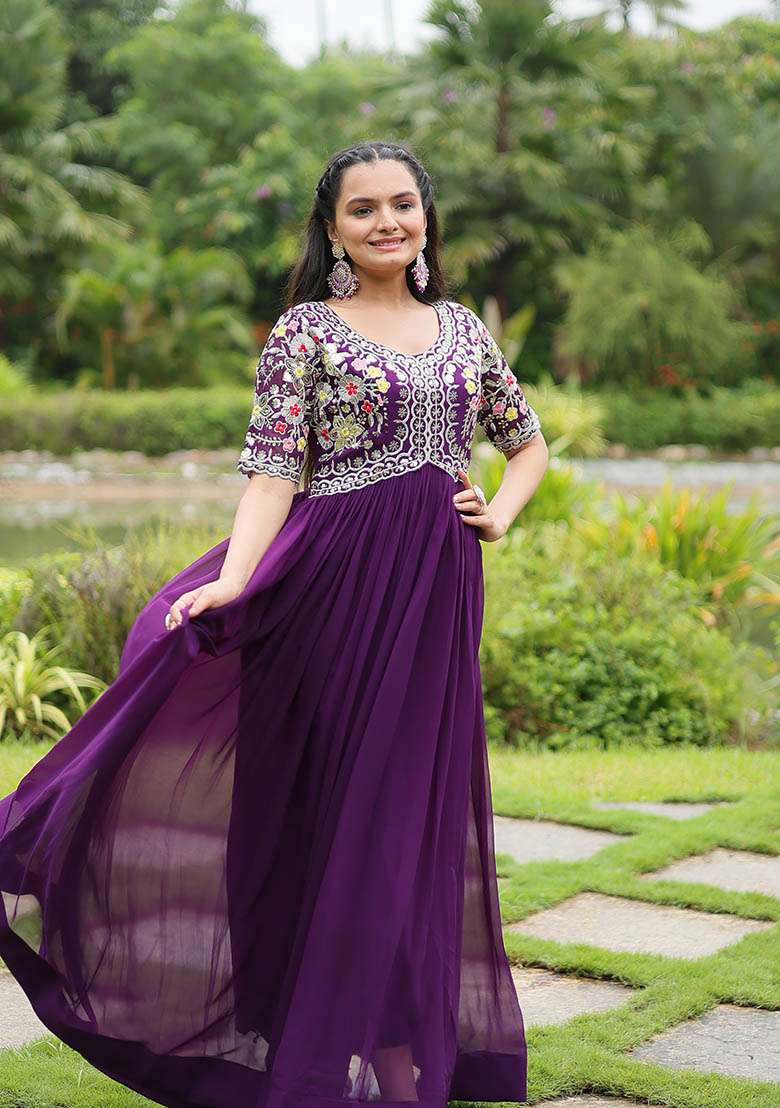 Purple Zari Embroidered Georgette Gown - Indya