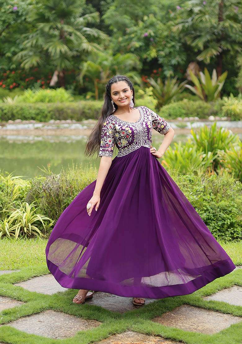 Purple Zari Embroidered Georgette Gown - Indya