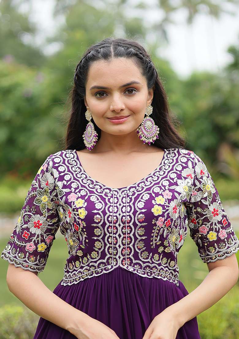 Purple Zari Embroidered Georgette Gown - Indya