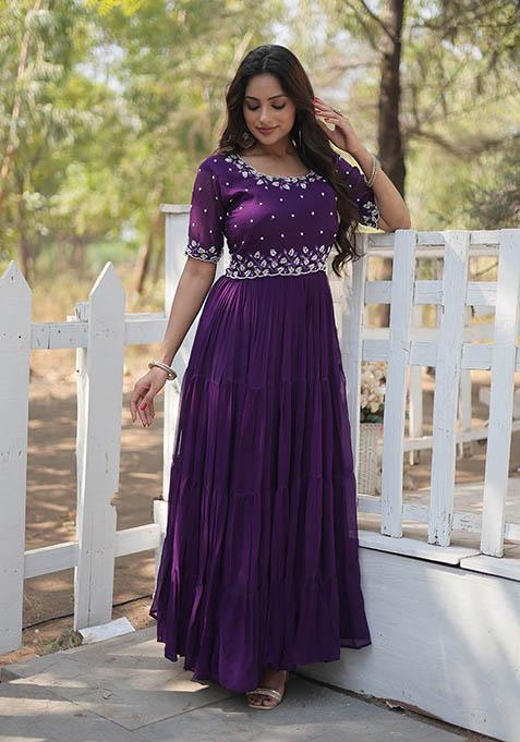 Purple Zari Embroidered Georgette Gown