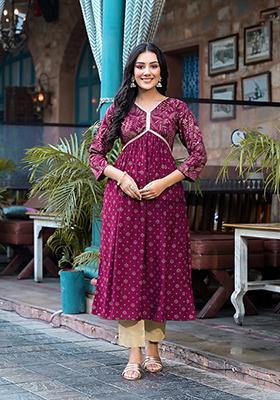 Wine Abstract Print Rayon Kurta