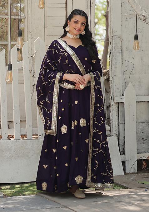 Purple Sequin Embroidered Art Silk Gown With Dupatta