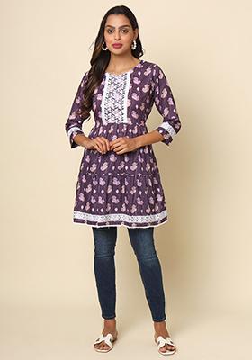 Purple Floral Print Cotton Kurta