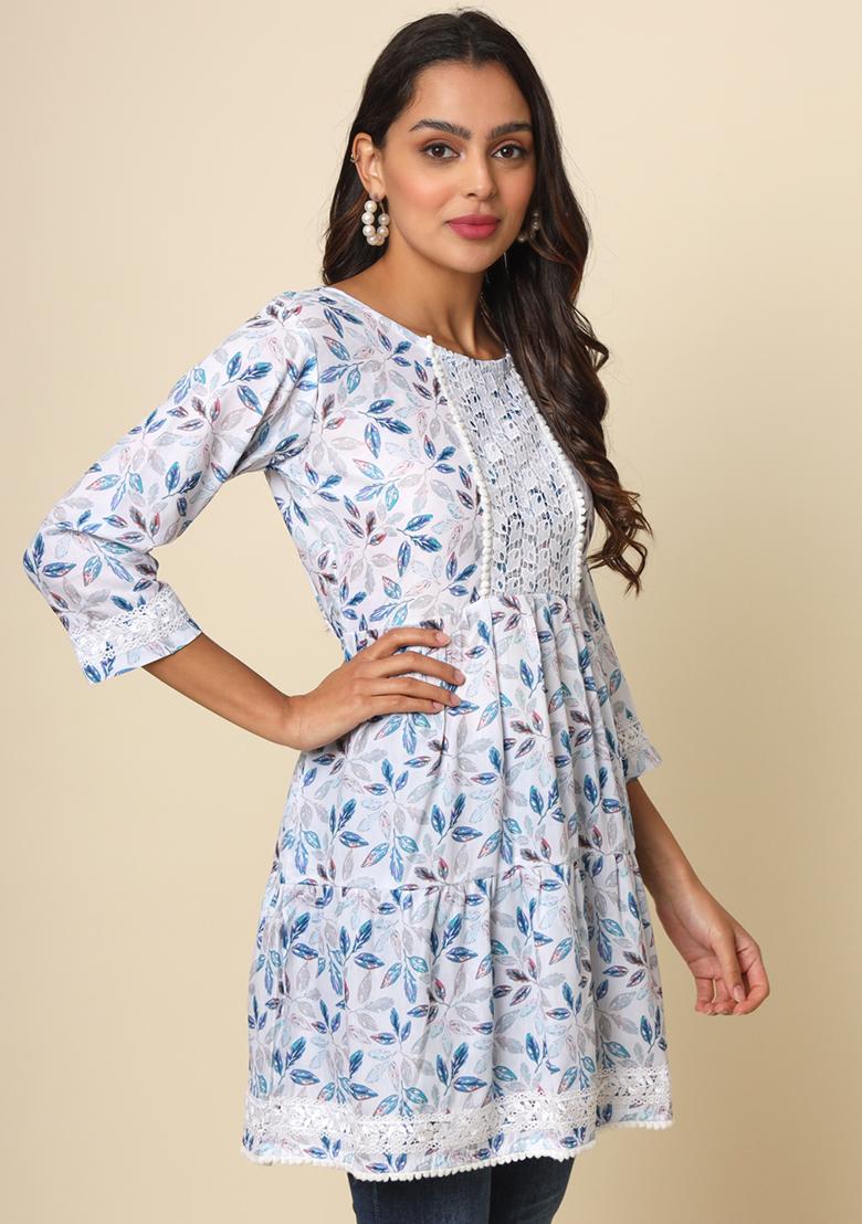 Off White Floral Print Cotton Kurta - Indya