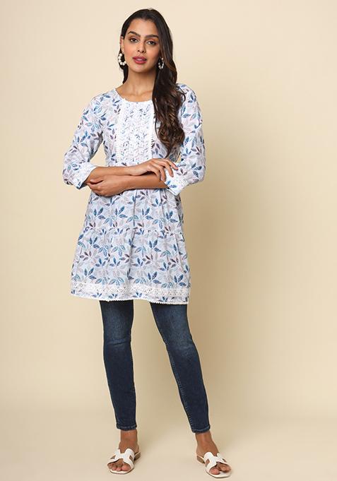 Off White Floral Print Cotton Kurta