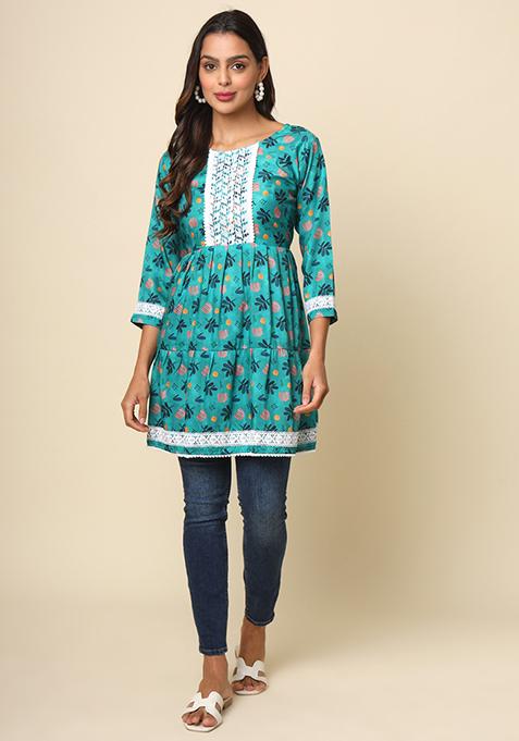 Sea Green Floral Print Cotton Kurta