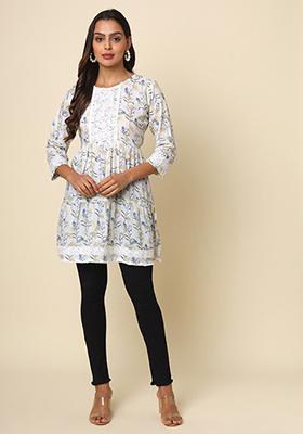 Off White Floral Print Cotton Kurta