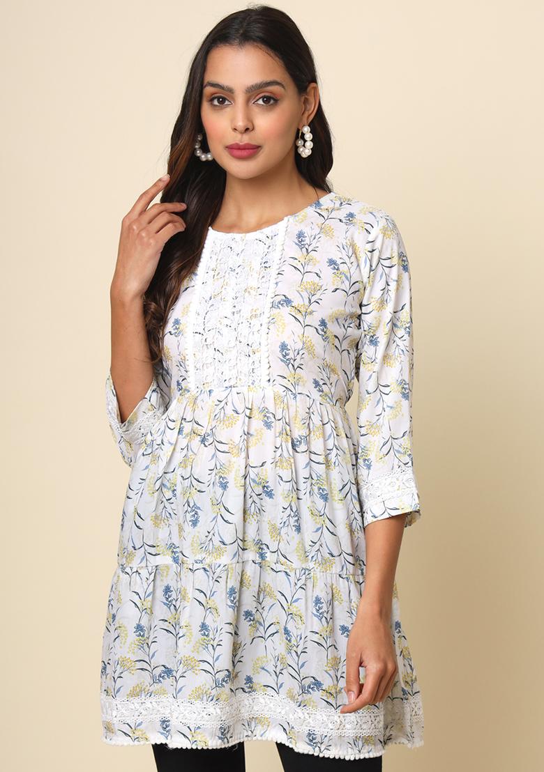Off White Floral Print Cotton Kurta - Indya