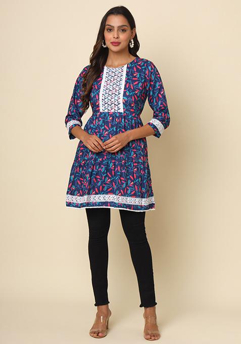 Blue Floral Print Cotton Kurta