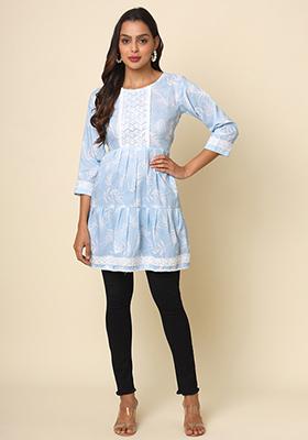 Sky Blue Floral Print Cotton Kurta
