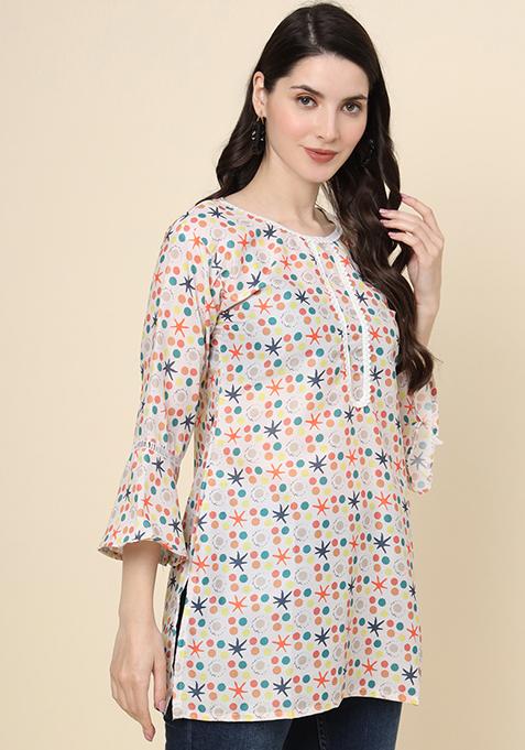 White Abstract Print Cotton Kurta