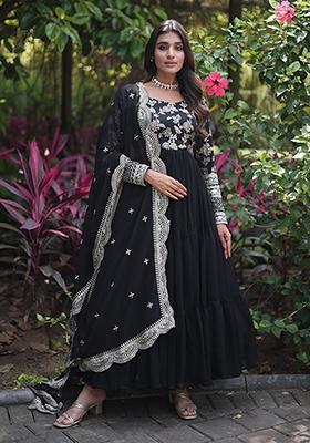 Black Zari Embroidered Georgette Gown With Dupatta
