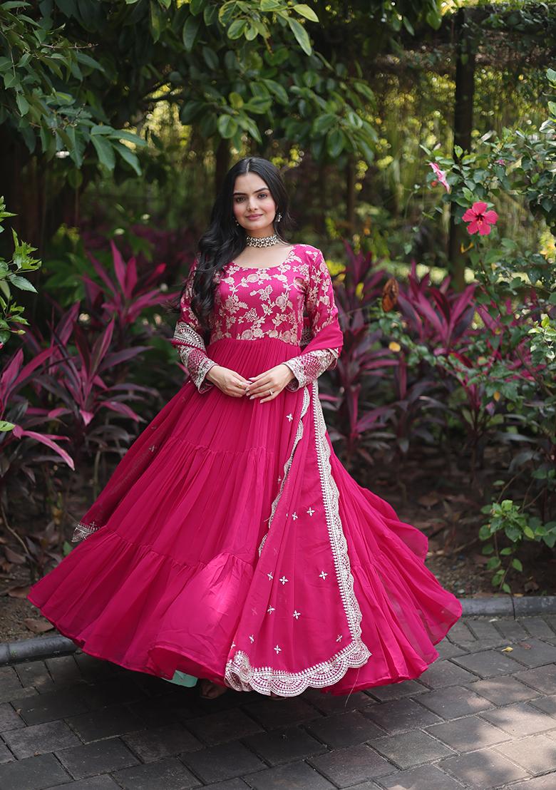 Pink Zari Embroidered Georgette Gown With Dupatta