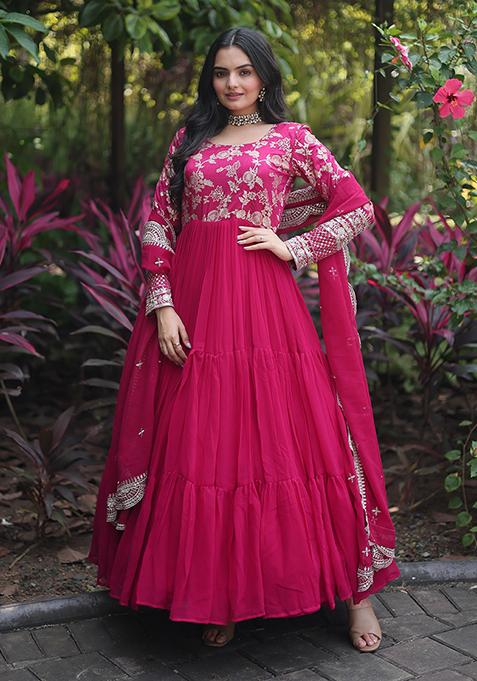 Pink Zari Embroidered Georgette Gown With Dupatta