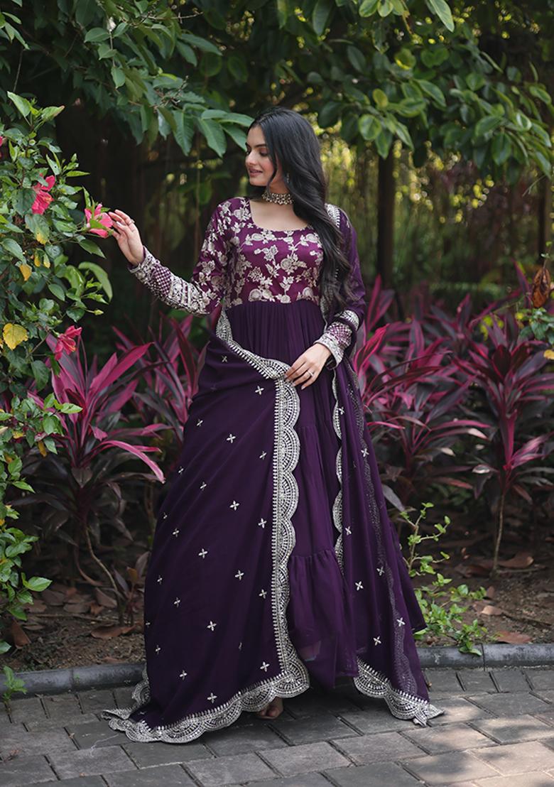 Wine Zari Embroidered Georgette Gown With Dupatta