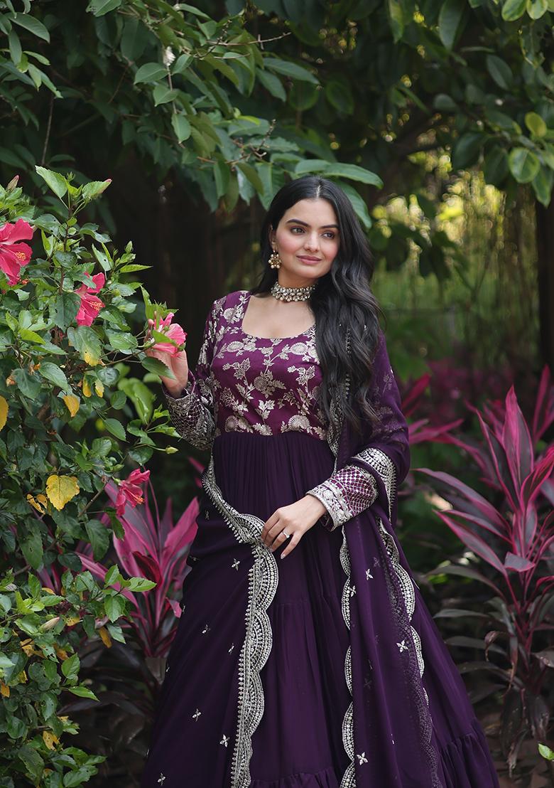 Wine Zari Embroidered Georgette Gown With Dupatta
