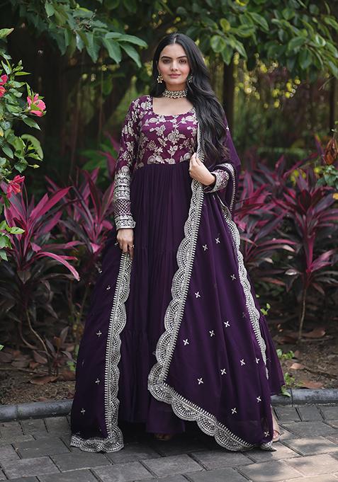 Wine Zari Embroidered Georgette Gown With Dupatta