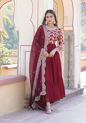 Maroon Zari Embroidered Georgette Gown With Dupatta