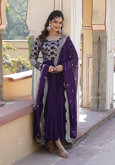 Purple Zari Embroidered Georgette Gown With Dupatta