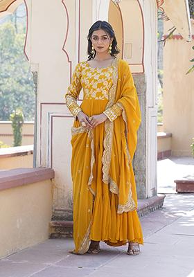 Yellow Zari Embroidered Georgette Gown With Dupatta