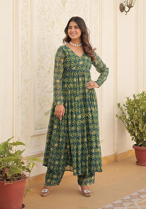 Green Abstract Print Georgette Kurta Set