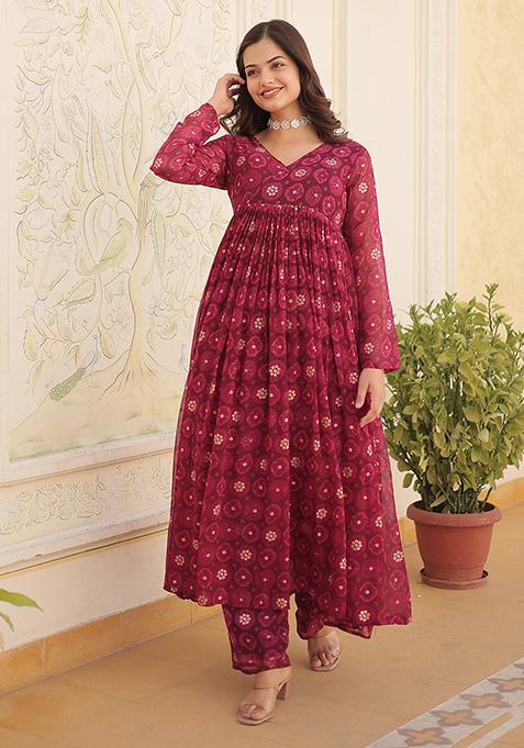 Wine Abstract Print Georgette Kurta Set