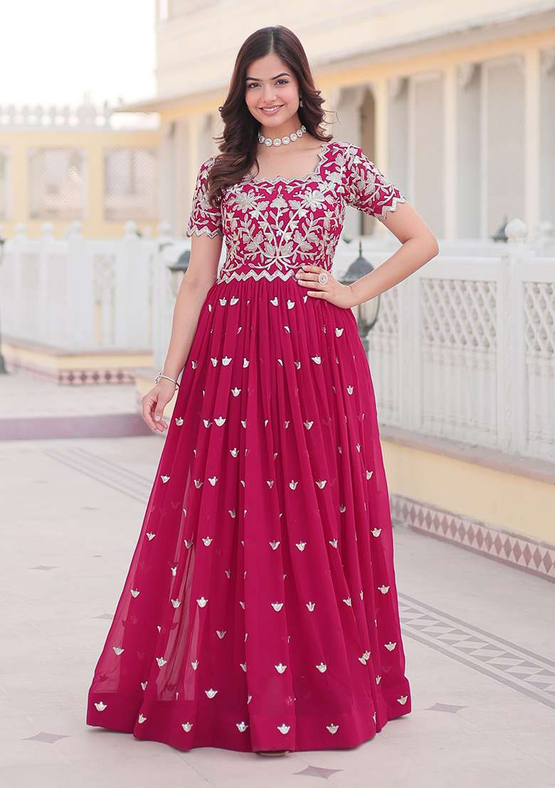 Pink Zari Embroidered Georgette Gown - Indya