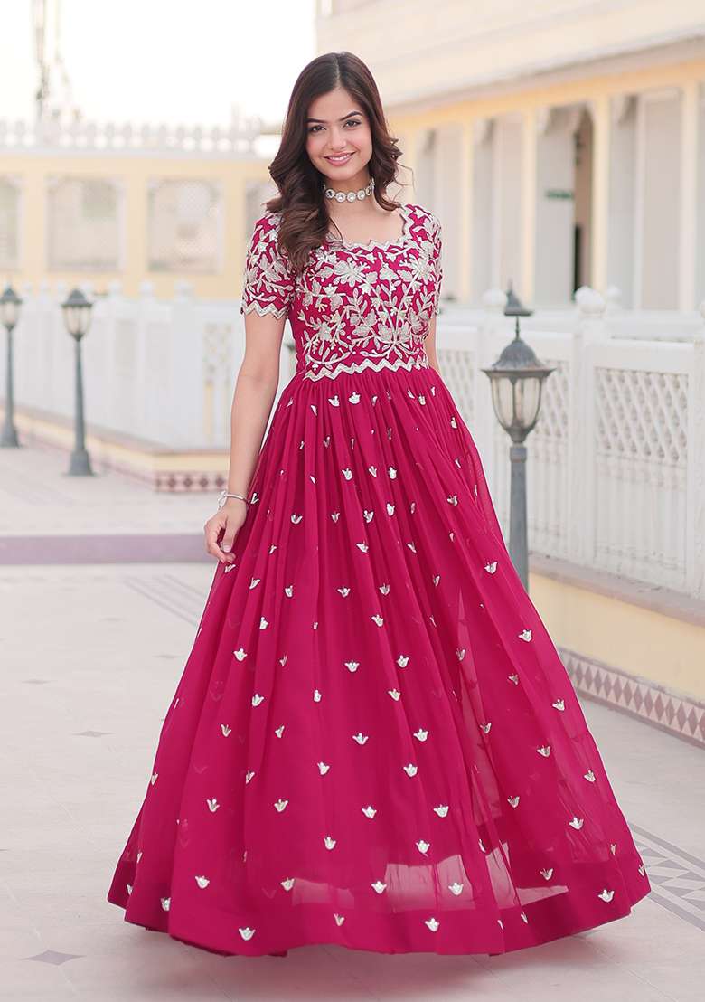 Pink Zari Embroidered Georgette Gown - Indya