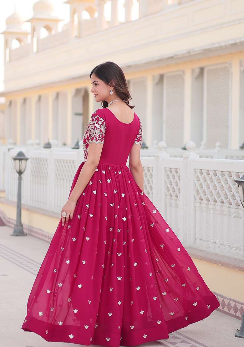Pink Zari Embroidered Georgette Gown - Indya