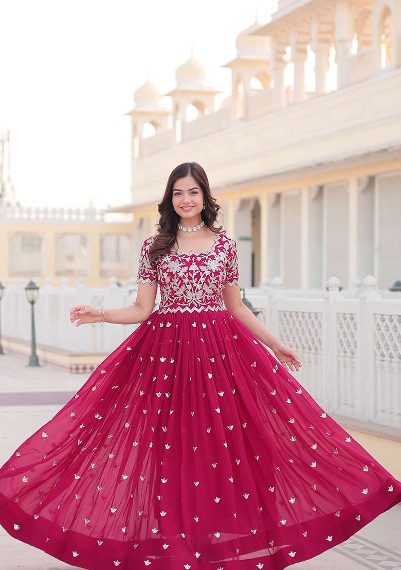 Pink Zari Embroidered Georgette Gown - Indya
