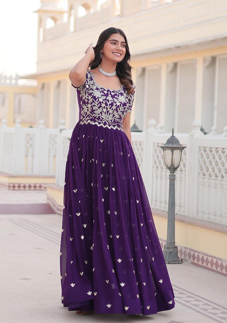 Purple Zari Embroidered Georgette Gown