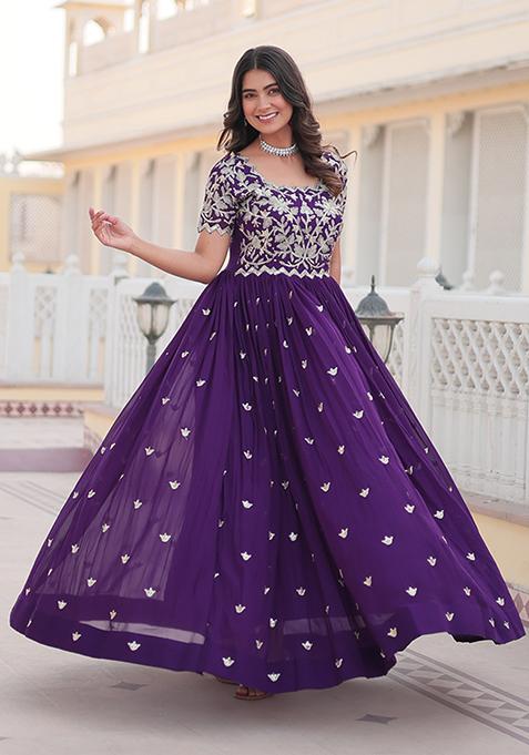 Purple Zari Embroidered Georgette Gown