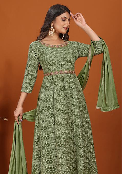 Green Resham Embroidered Georgette Gown With Dupatta