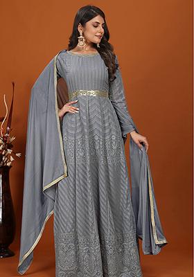 Grey Resham Embroidered Georgette Gown With Dupatta