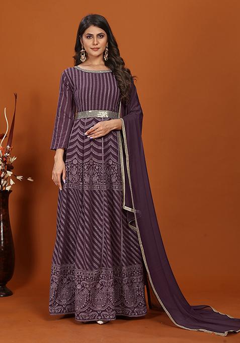 Wine Resham Embroidered Georgette Gown With Dupatta