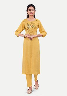 Yellow Resham Embroidered Cotton Kurta Set