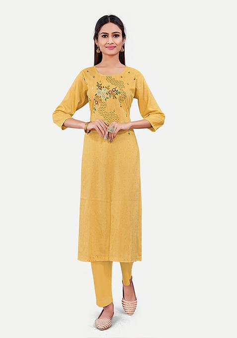 Yellow Resham Embroidered Cotton Kurta Set