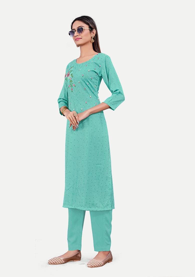 Blue Resham Embroidered Cotton Kurta Set - Indya