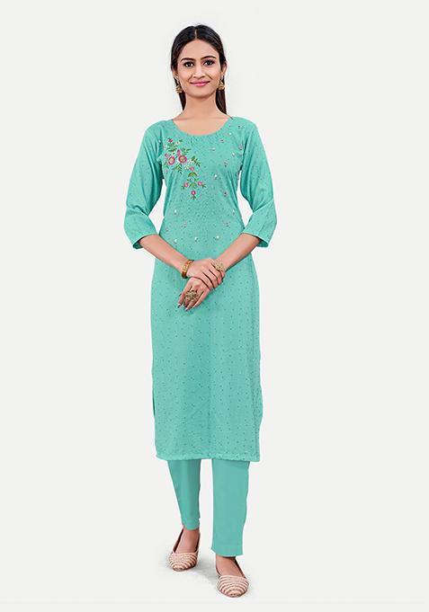 Blue Resham Embroidered Cotton Kurta Set