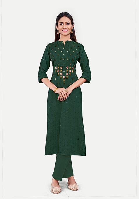 Green Resham Embroidered Cotton Kurta Set