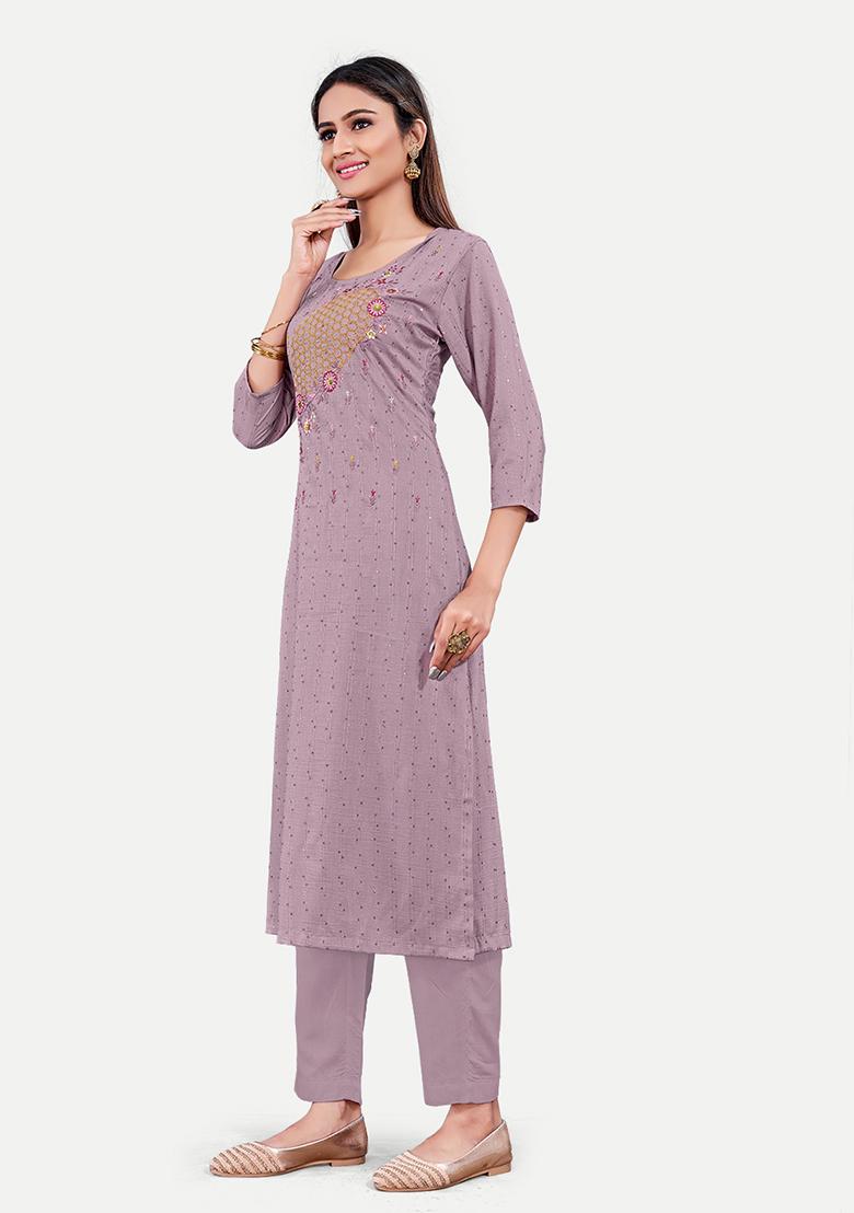 Lavender Resham Embroidered Cotton Kurta Set