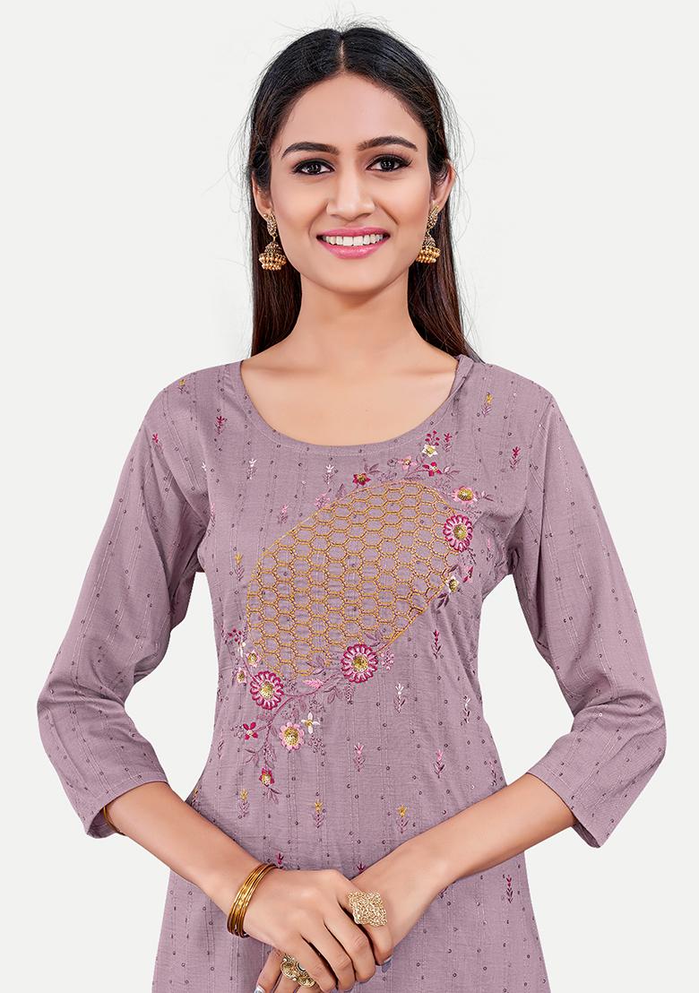 Lavender Resham Embroidered Cotton Kurta Set