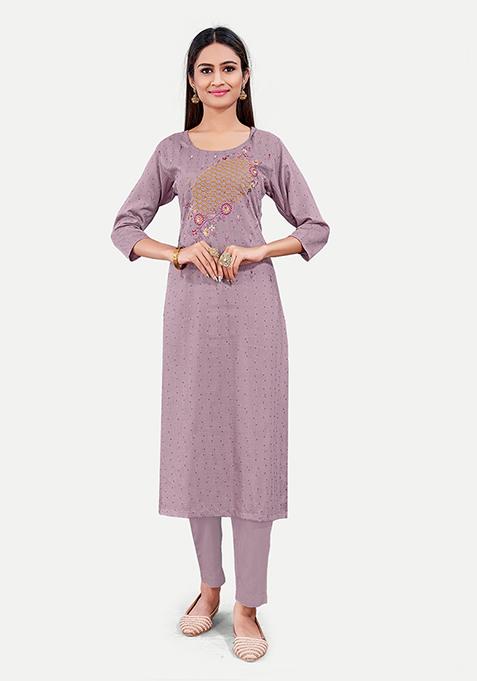 Lavender Resham Embroidered Cotton Kurta Set