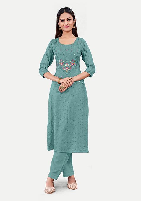 Sea Green Resham Embroidered Cotton Kurta Set