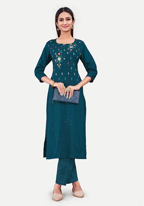 Teal Blue Resham Embroidered Cotton Kurta Set