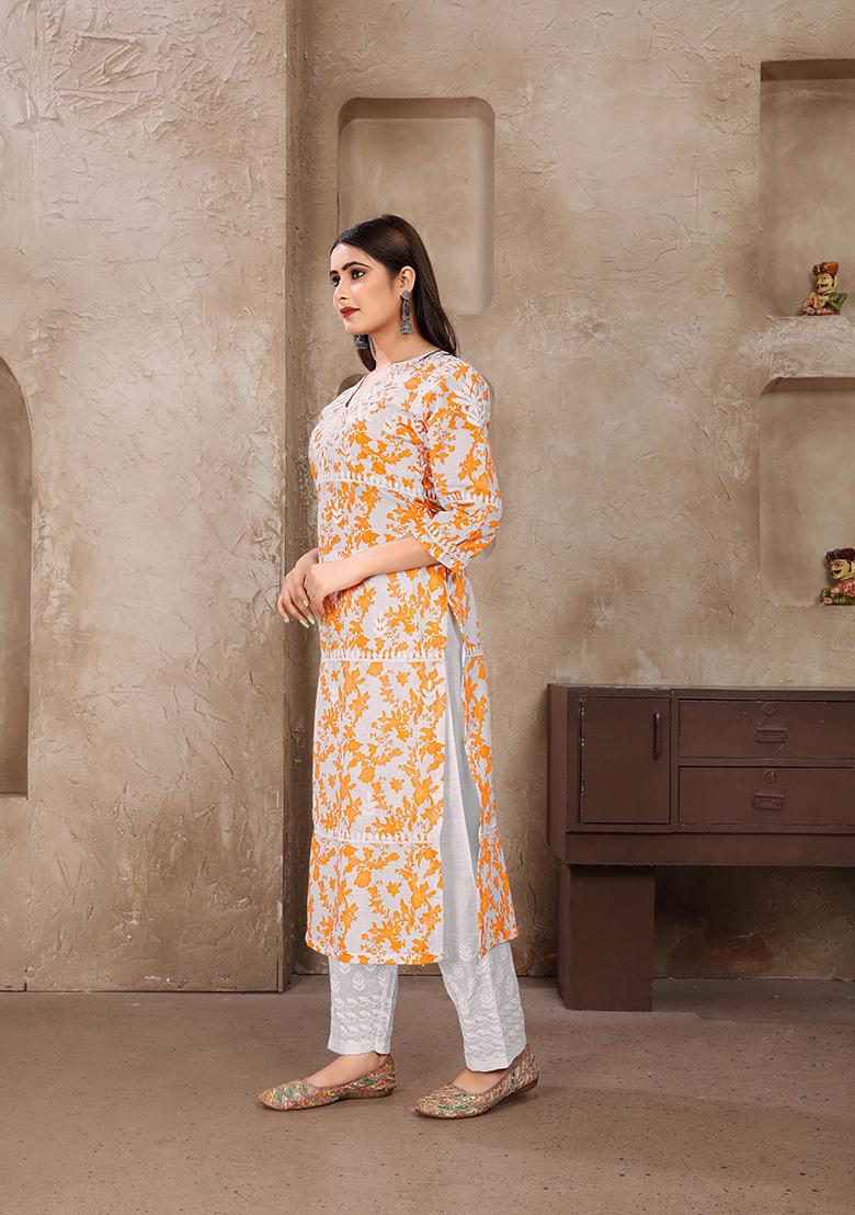 Yellow Resham Embroidered Cotton Kurta Set